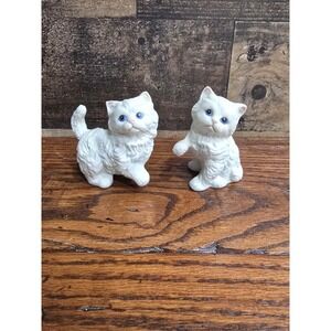 Vintage White Persian Kitten Figurines Blue Eyes Bisque Porcelain Set of 2
